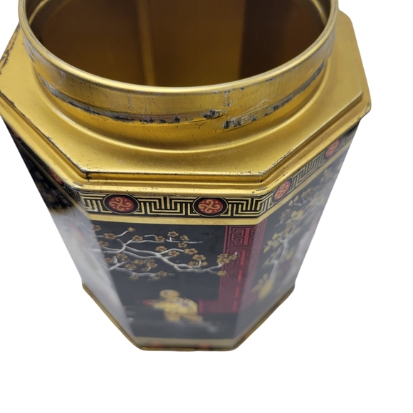 Vintage Oriental ASIAN GEISHA Style Tea Tin Storage Container Octagonal - Picture 7 of 14